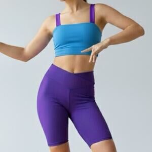 Theatricals 2 piece dance set Purple Bike Shorts Sports Bra crop top AXS NWT